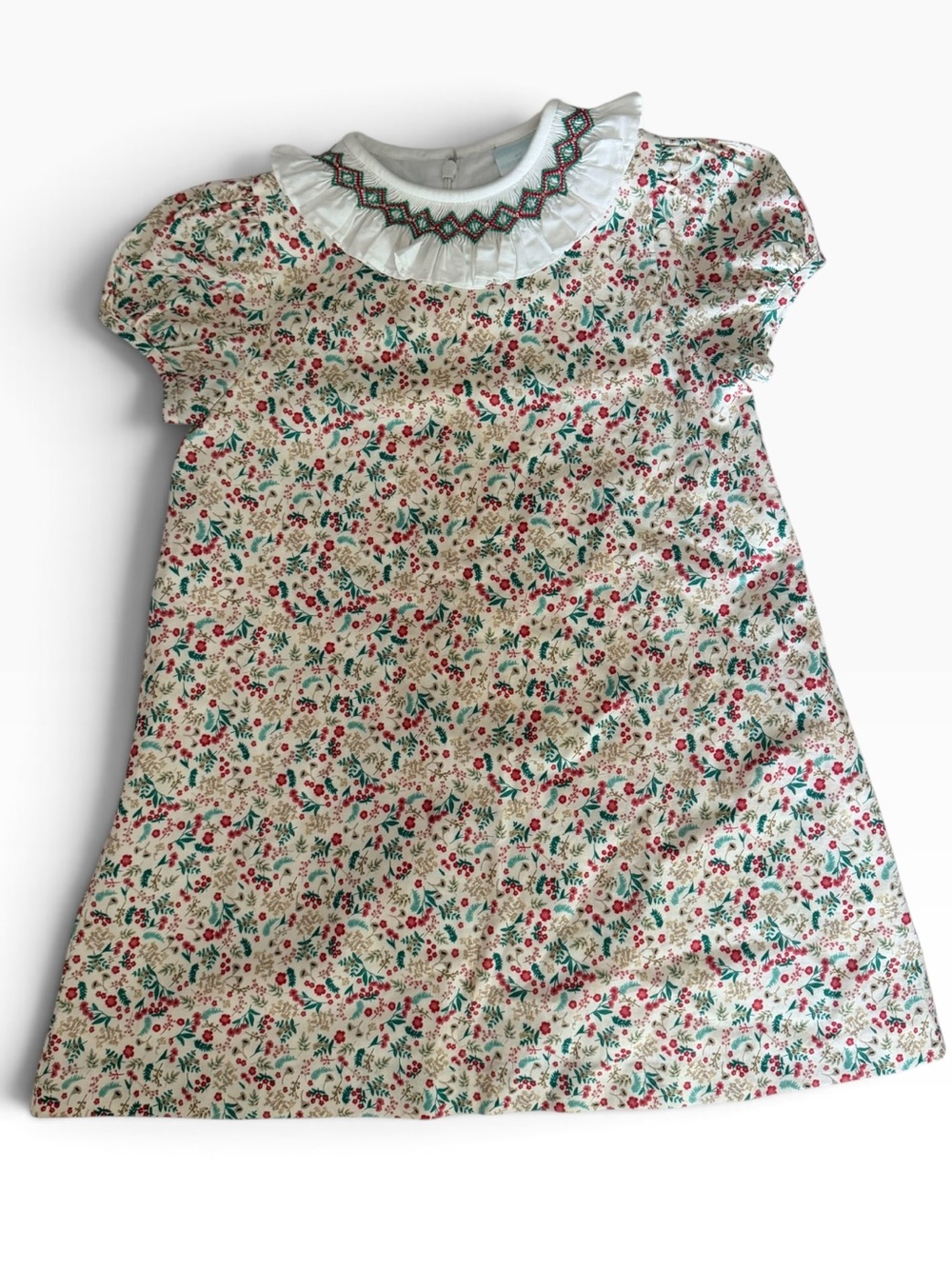 Edgehill Collection Floral Ruffle-Collar Dress - White with Pink & Green
